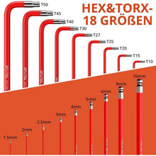 Innensechskant & Torx Schlüssel Satz Lang, 18tlg. Kugelkopf & T-Griff