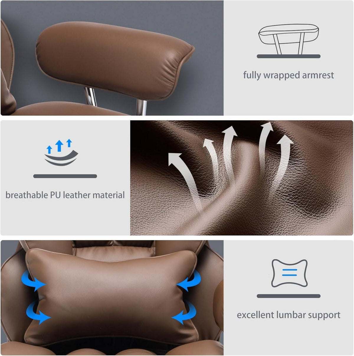 Ergonomischer Bürostuhl 200 kg mit PU Leder Fußstütze & Lendenwirbelstütze