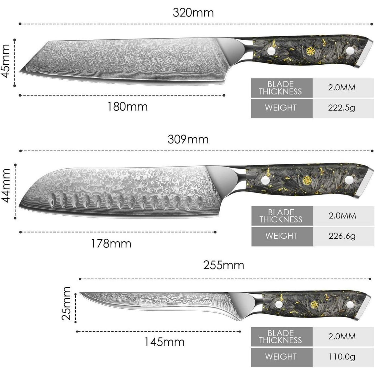Damast Küchenmesser Set 3tlg. – Santoku, Kochmesser & Filetiermesser