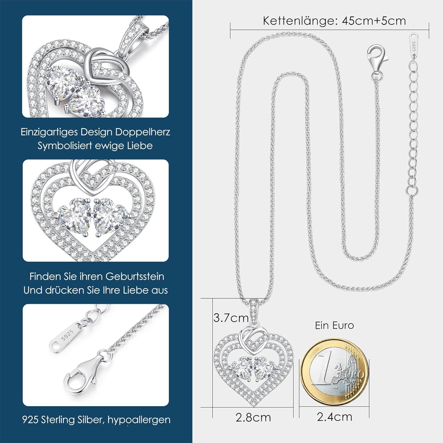 925 Silber Doppelherz Halskette Geburtsstein Valentinstag Geschenk