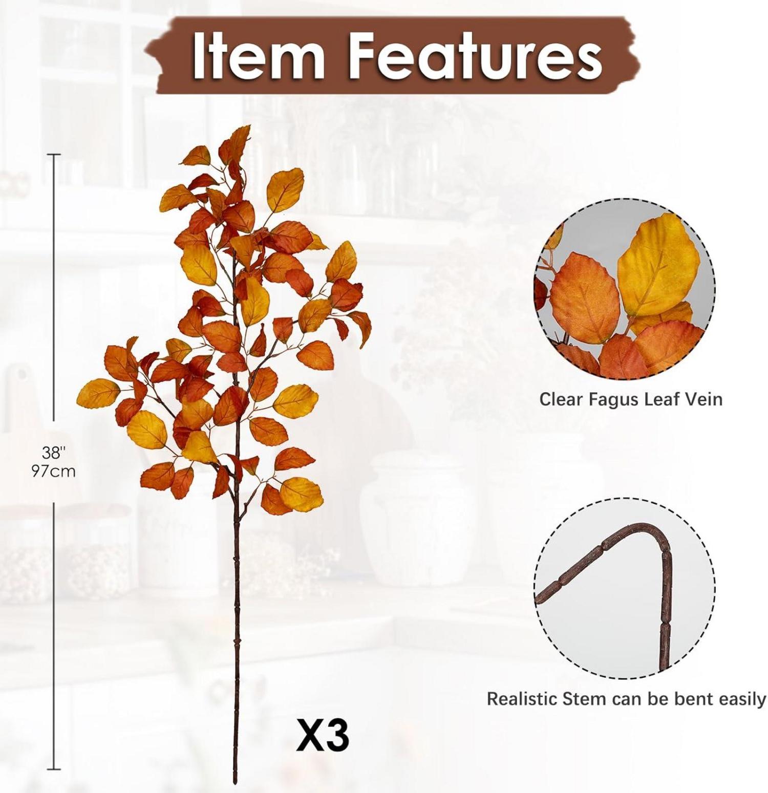 Künstliche Herbstblätter Fagus Sylvatica Deko 97cm - 3er Set