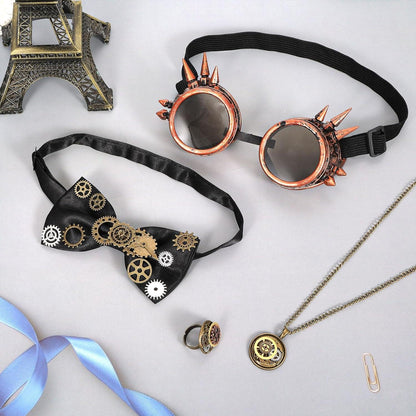 Steampunk Kostüm Herren Brille Fliege Halskette Ring Zahnräder