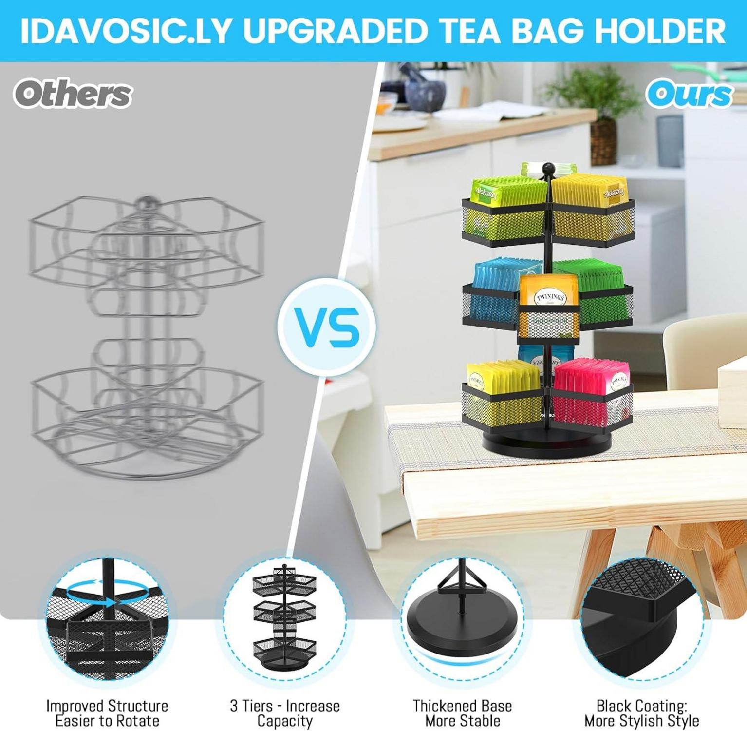Teebeutelhalter Metall Drehbar Teebox 9 Fächer Groß Schwarz 108 Tea Bag