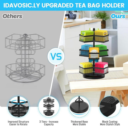 Teebeutelhalter Metall Drehbar Teebox 9 Fächer Groß Schwarz 108 Tea Bag
