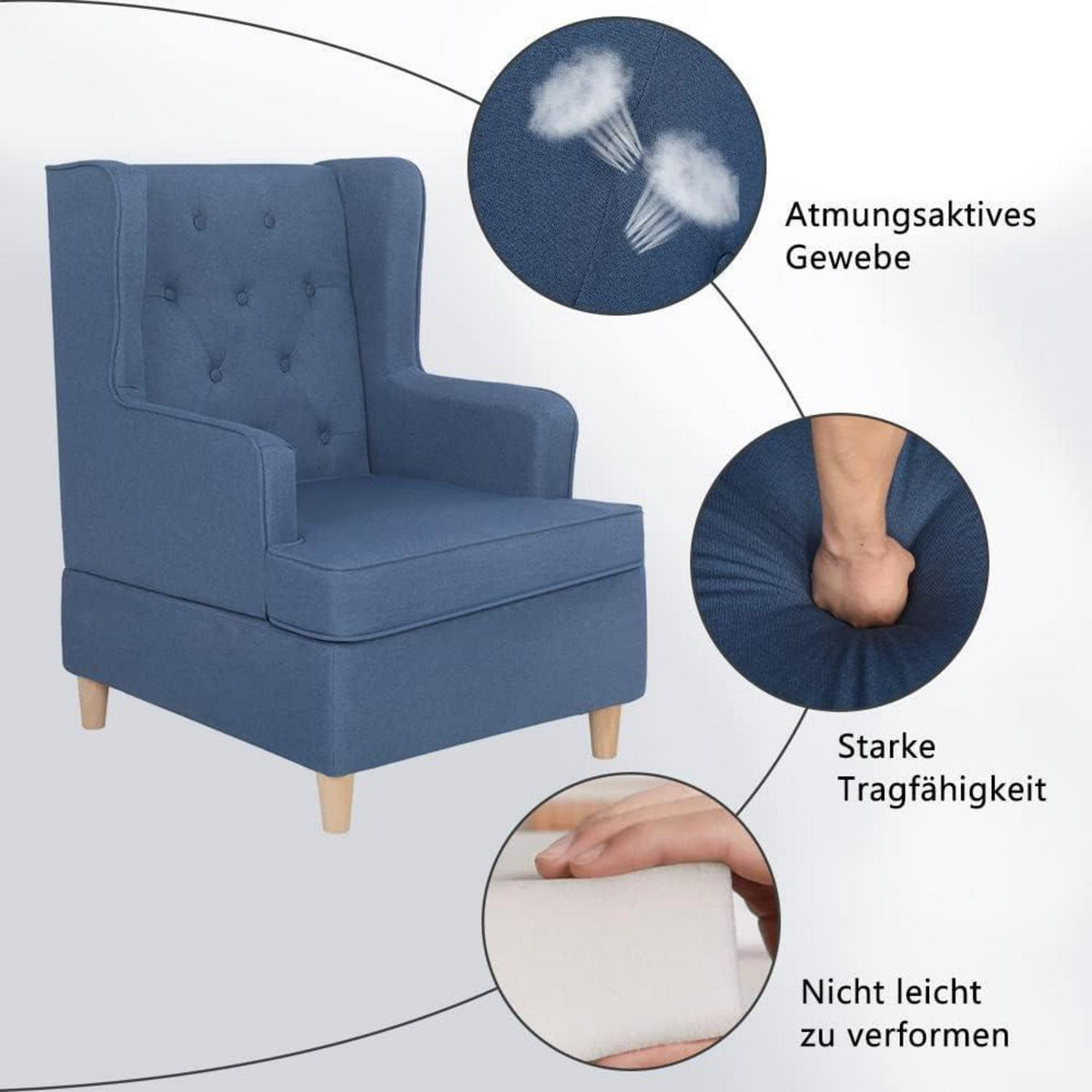 Mingone Ohrensessel Blau – Bequemer Leinen Loungesessel mit Holzfüßen