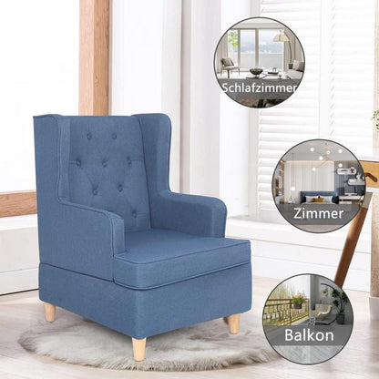 Mingone Ohrensessel Blau – Bequemer Leinen Loungesessel mit Holzfüßen