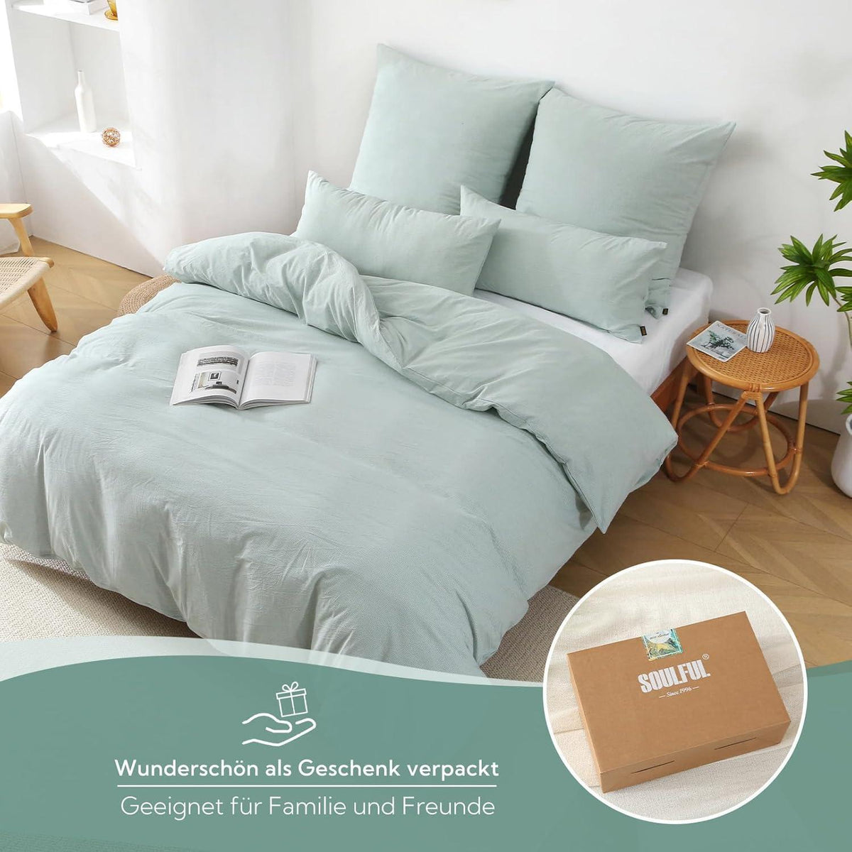 Bettwäsche-Set 135x200 Baumwolle Grün Gestreift 4tlg.