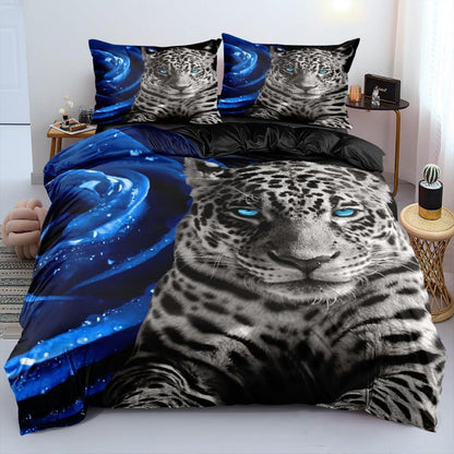 Leoparden Bettwäsche 135x200 - 4tlg. 3D Blau Mikrofaser Bettbezug