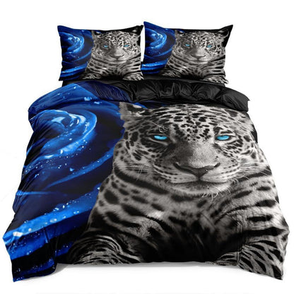 Leoparden Bettwäsche 135x200 - 4tlg. 3D Blau Mikrofaser Bettbezug