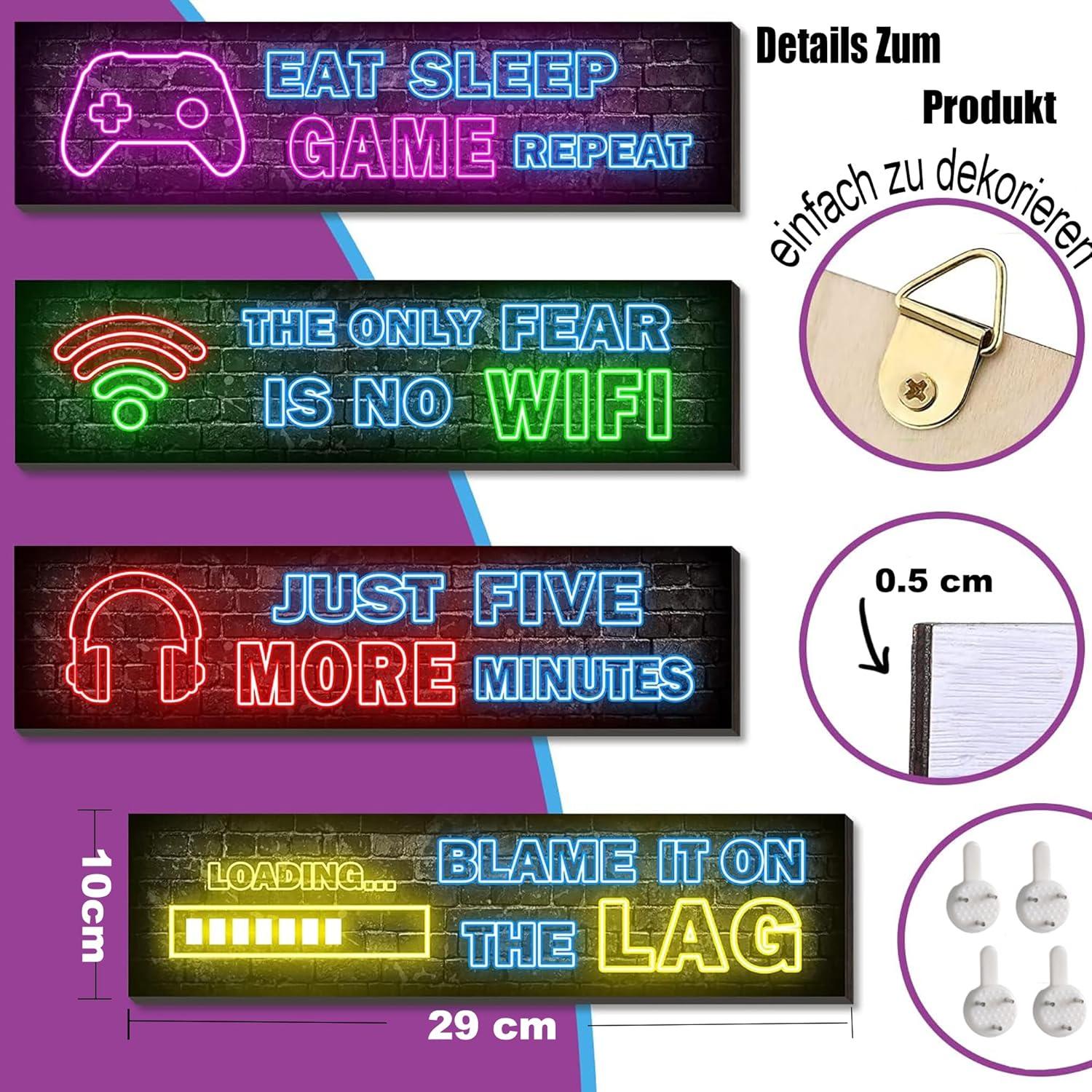 Holzschild Gaming Poster Set 4-teilig Neon Wanddeko