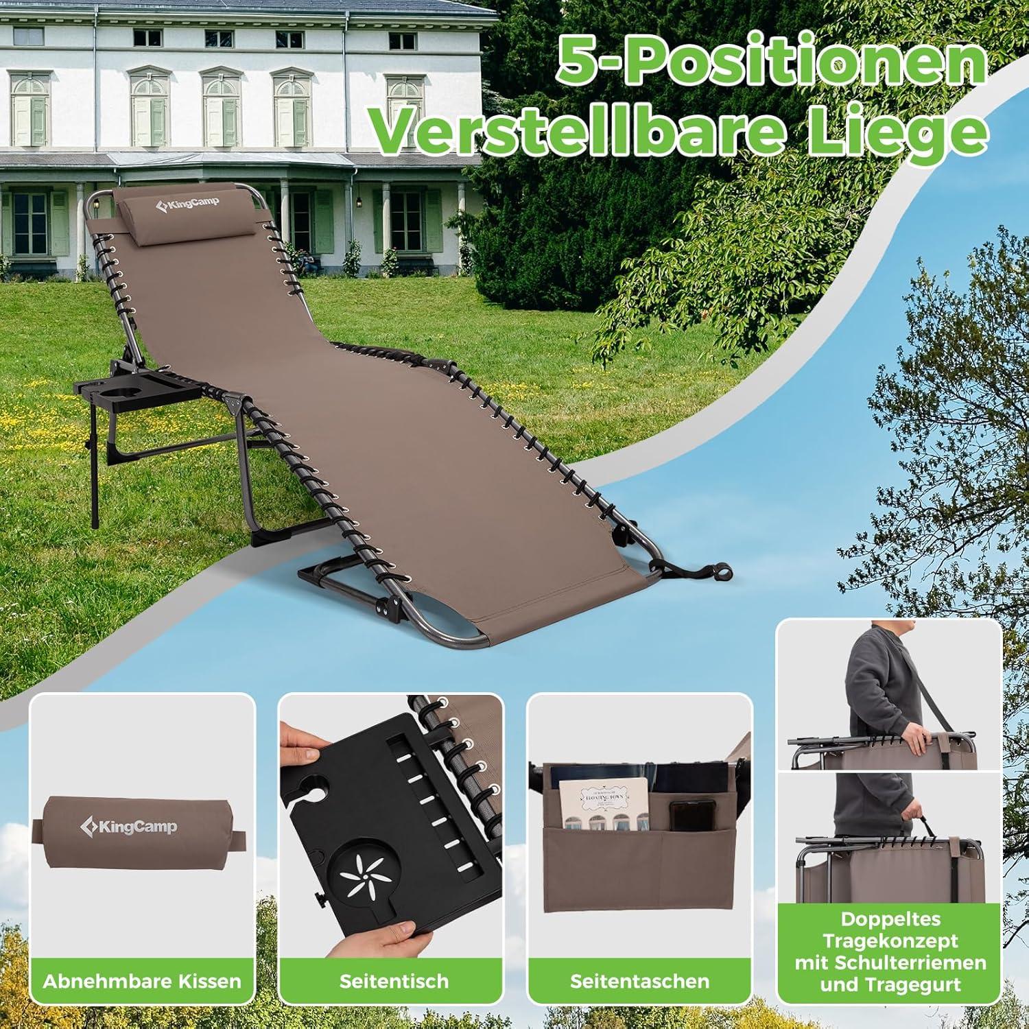 KingCamp Sonnenliege mit Seitenablage verstellbar Campingbett Beige