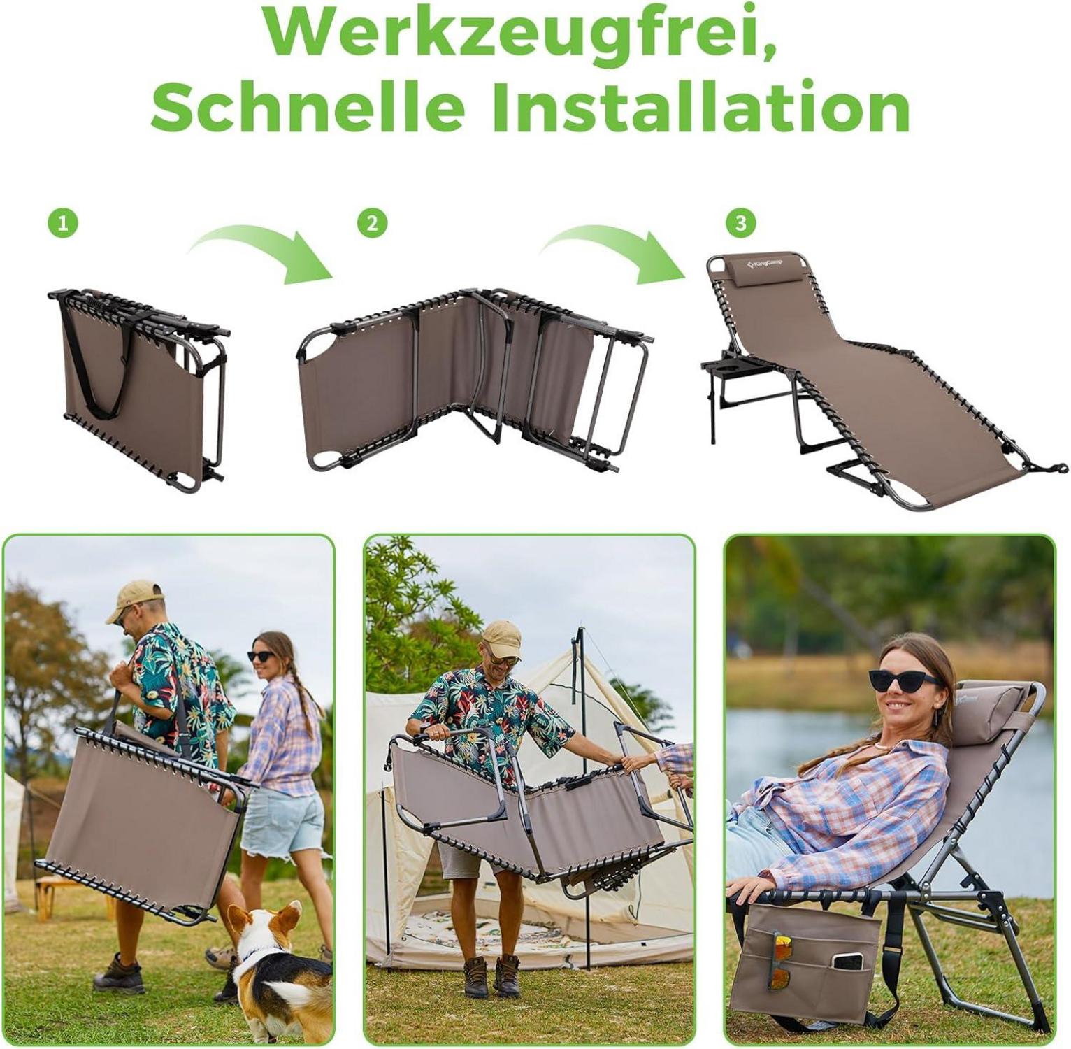 KingCamp Sonnenliege mit Seitenablage verstellbar Campingbett Beige