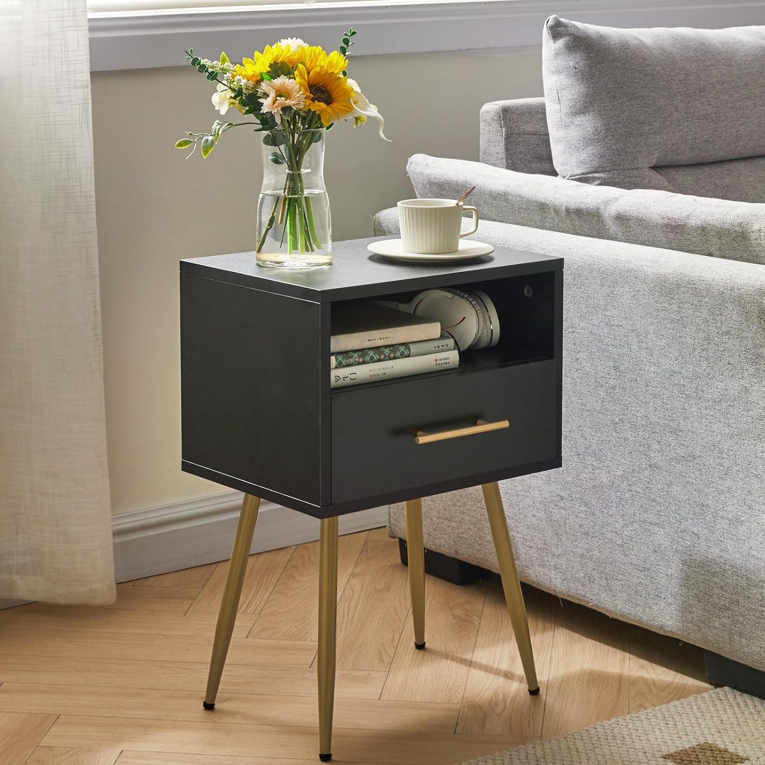 Nachttisch Mid-Century Modern 2 Etagen Stauraum Schwarz WNS004B