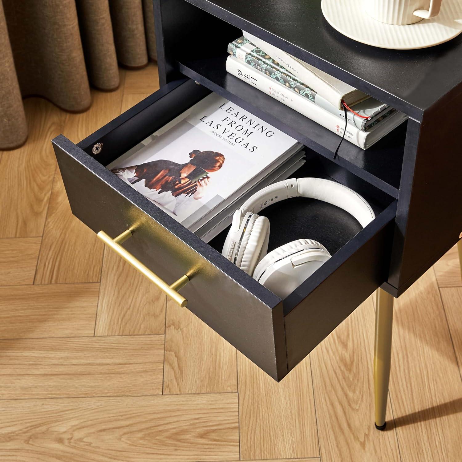 Nachttisch Mid-Century Modern mit Beinen Schwarz 2 Etagen Stauraum