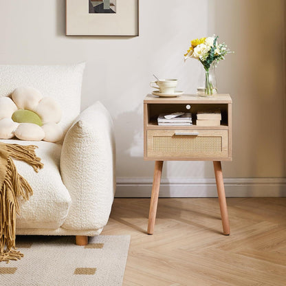 Rattan Nachttisch Boho Beistelltisch mit Schublade Regal Holz Akzent Beine