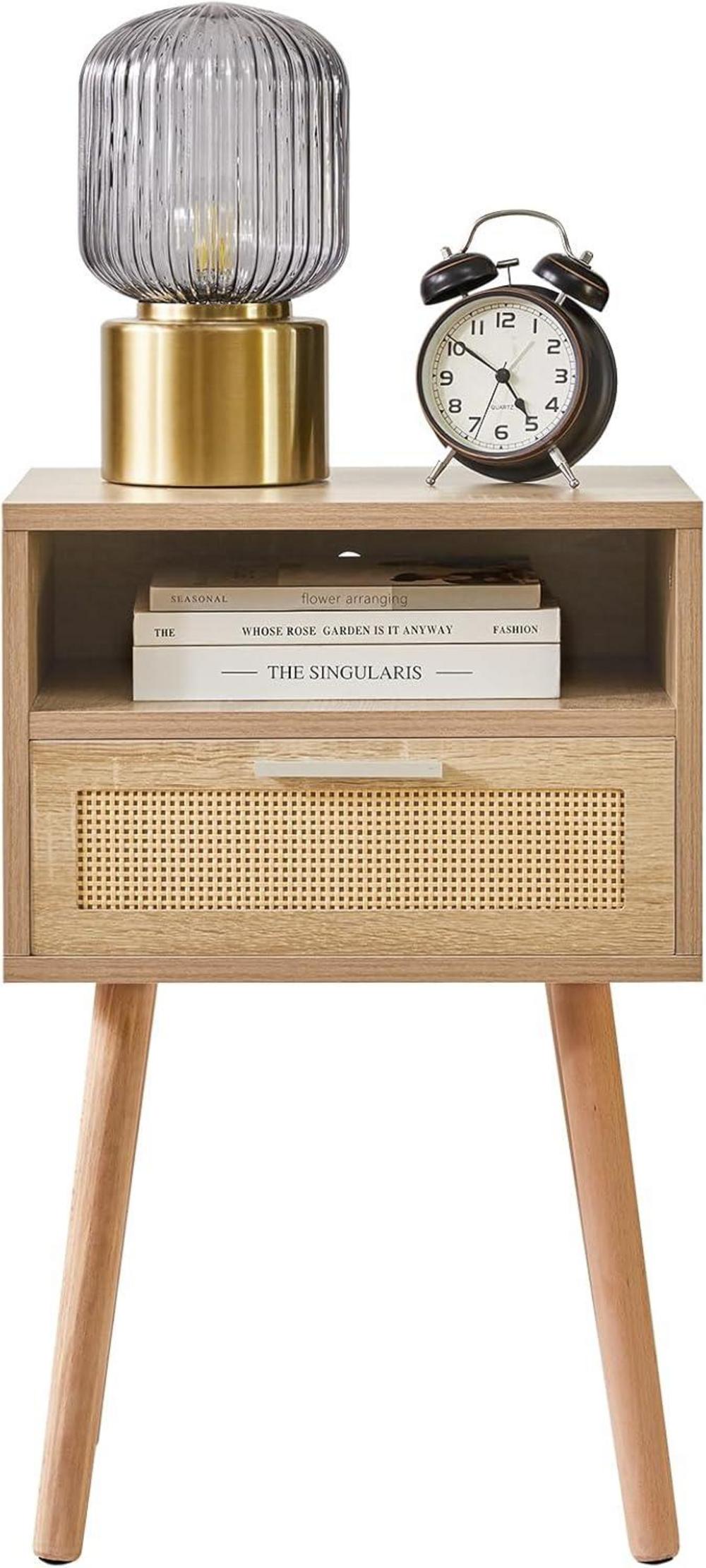 IBUYKE Rattan Beistelltisch mit Schublade und Holz Akzent, Naturfarben
