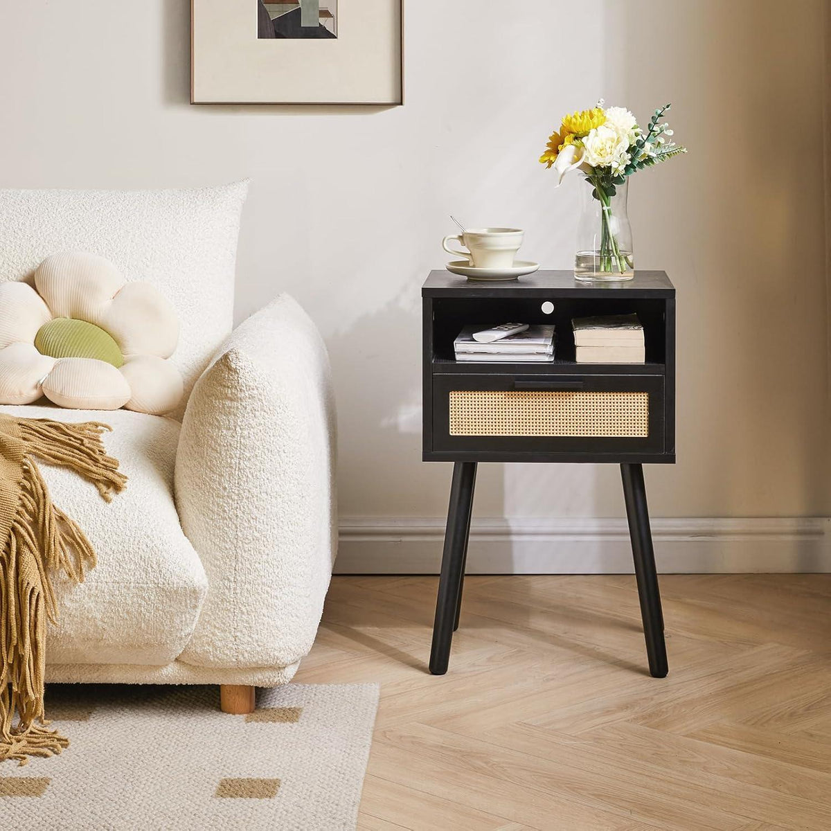Rattan Nachttisch Beistelltisch mit Schublade Regal Holz Akzent Weinlese Eleganz