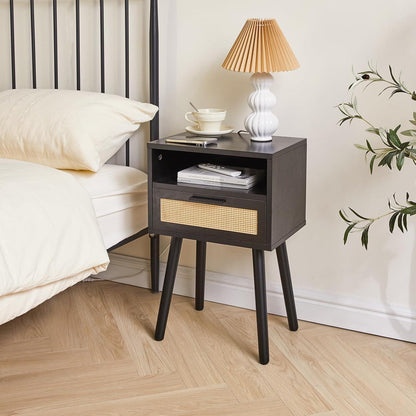 Rattan Nachttisch Beistelltisch mit Schublade Regal Holz Akzent Weinlese Eleganz