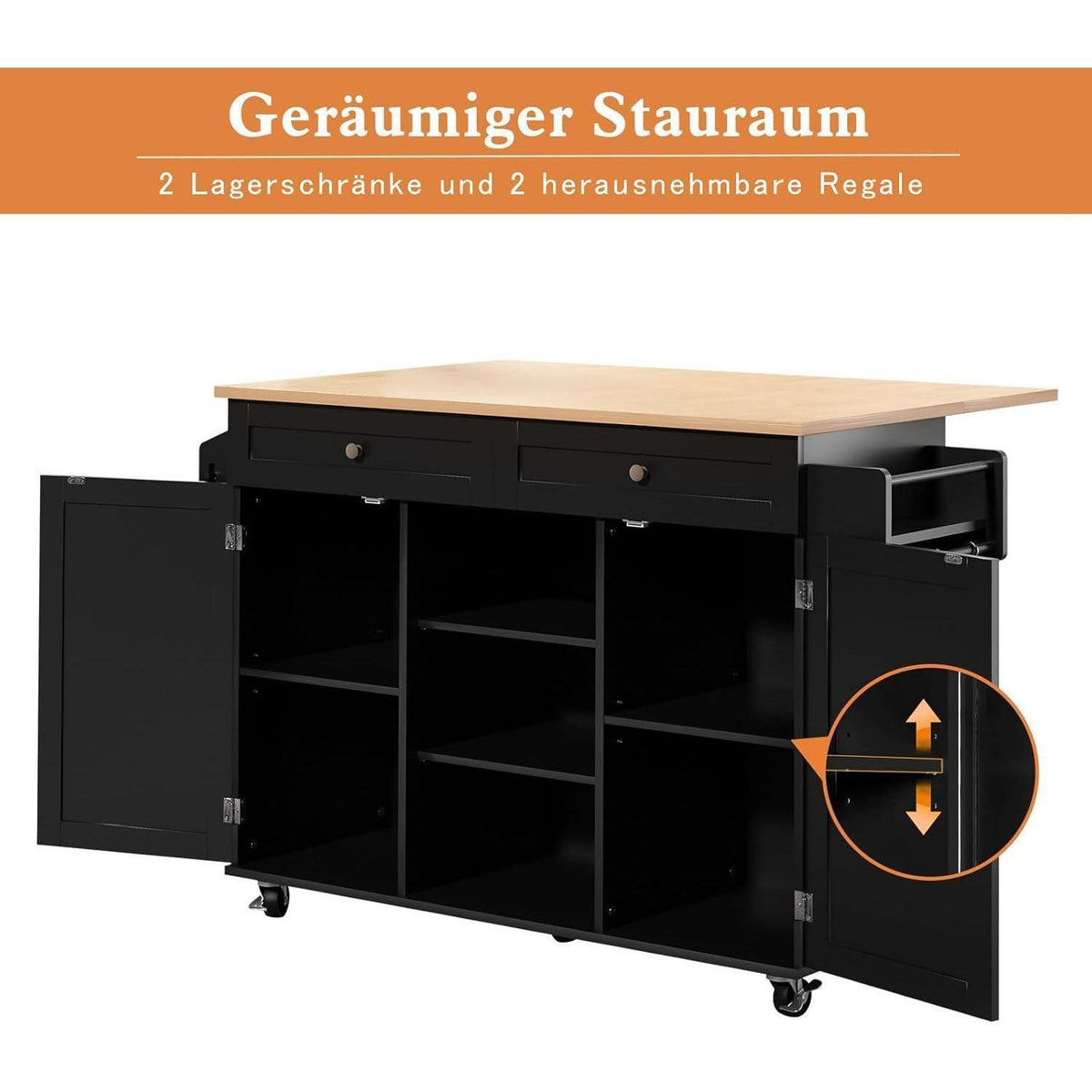 Rollende Kücheninsel mit abklappbarer Arbeitsplatte & Stauraum