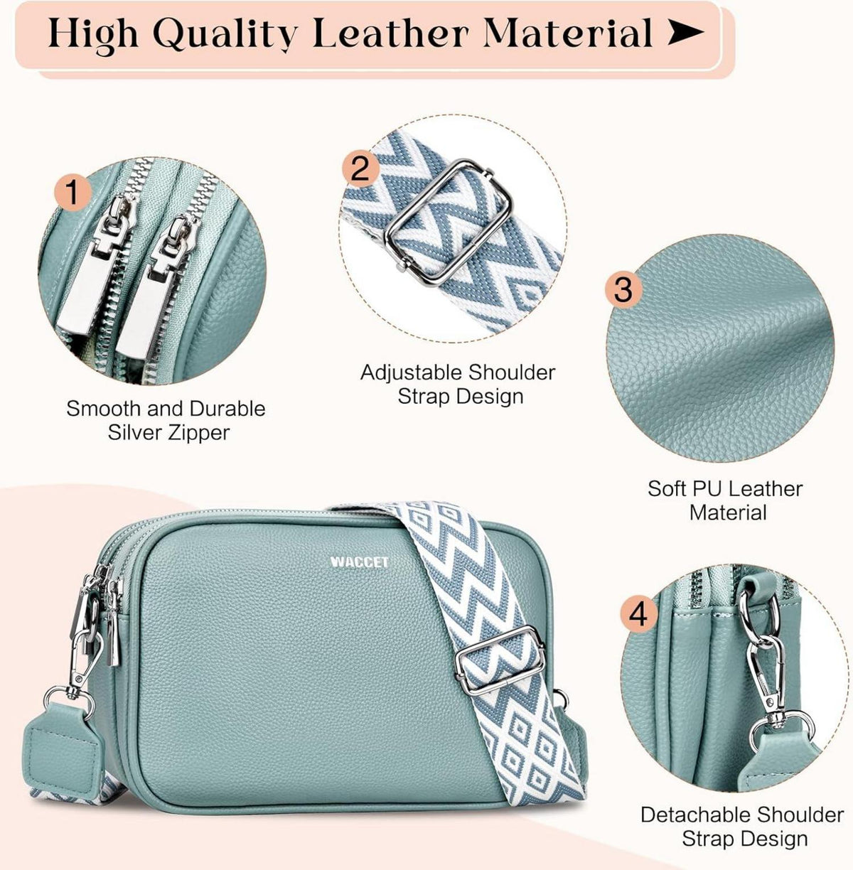 WACCET Umhängetasche Damen PU Leder Crossbody Handtasche mit