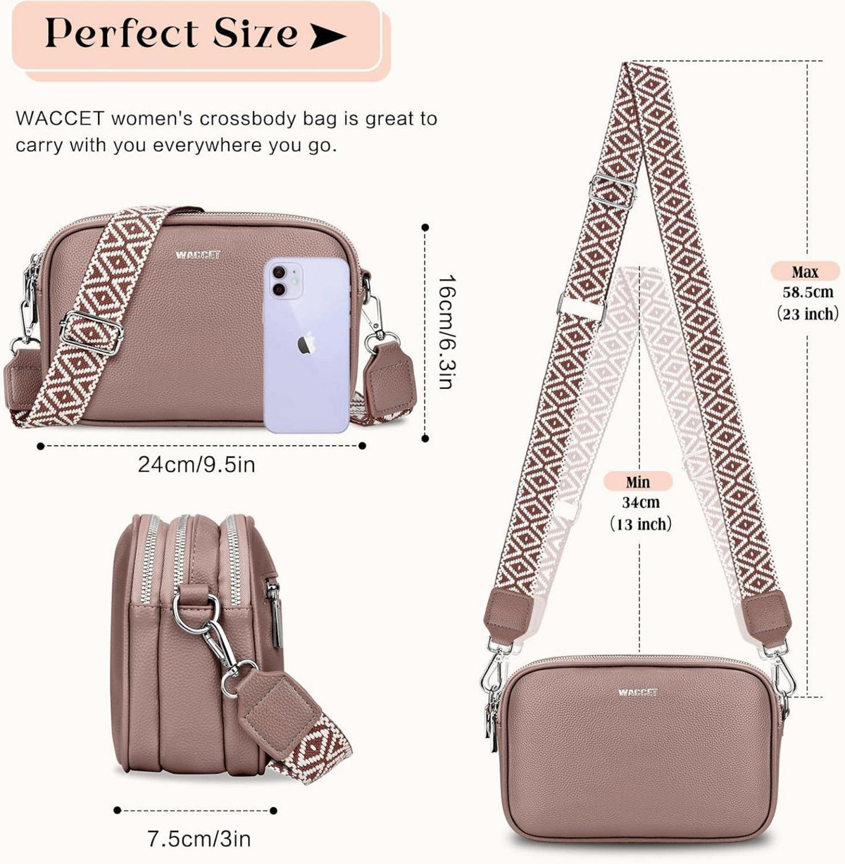 WACCET Umhängetasche Damen PU Leder Crossbody Bag Verstellbarer