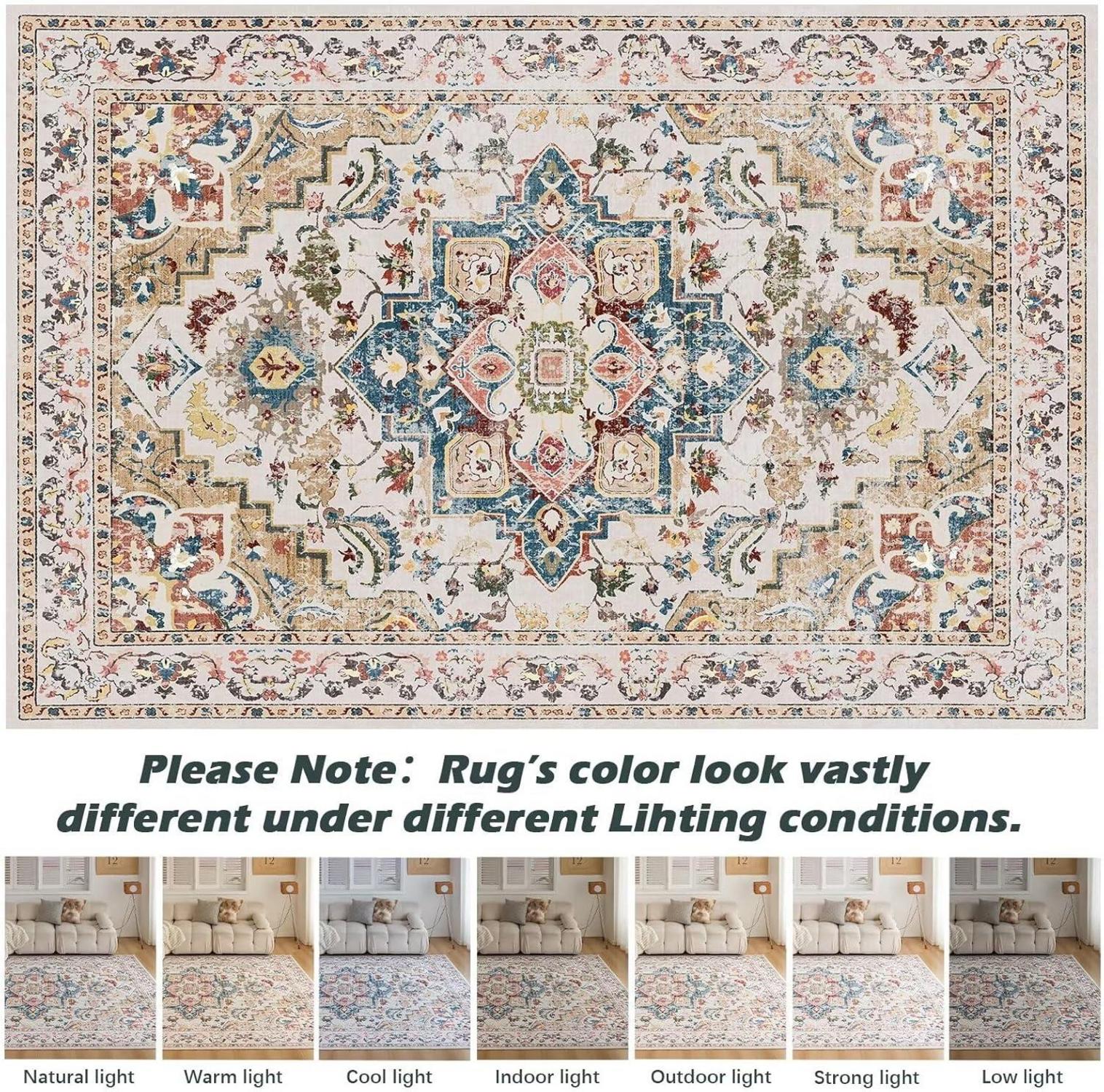 Waschbarer Teppich 120x170 Vintage Kurzflor Weich Rutschfest Beige