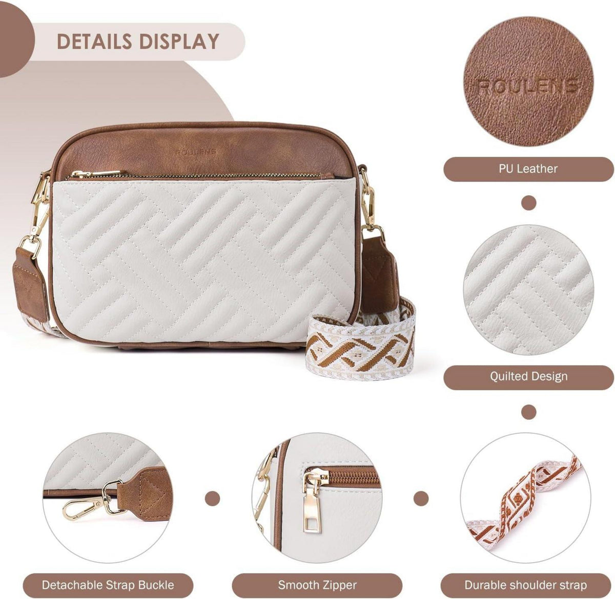 Roulens Gesteppte Damen Umhängetasche PU Leder Crossbody Bag Verstellbarer Gurt