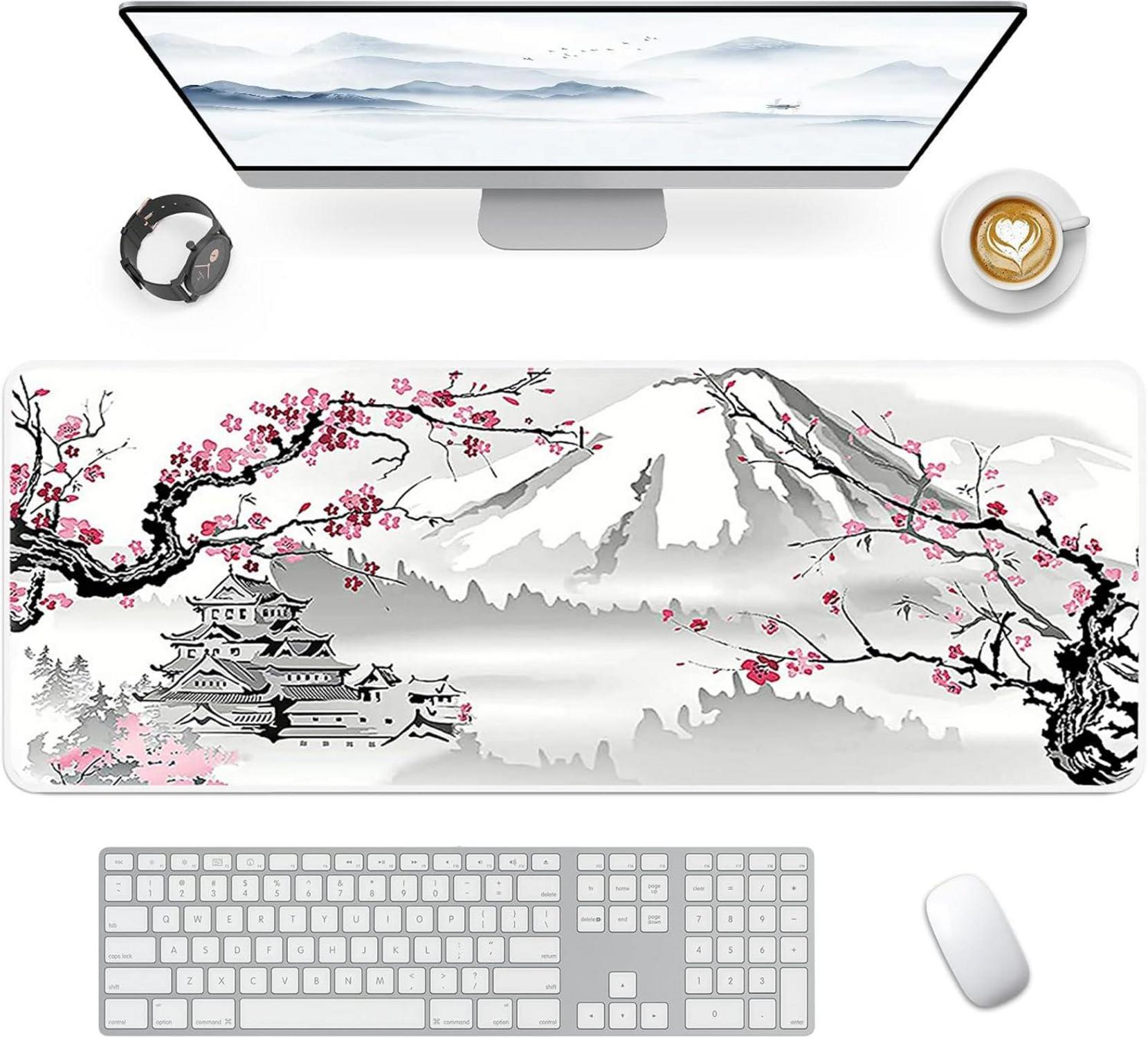 Großes Gaming Mauspad 90x40cm rutschfeste Gummibasis Kirschblüte