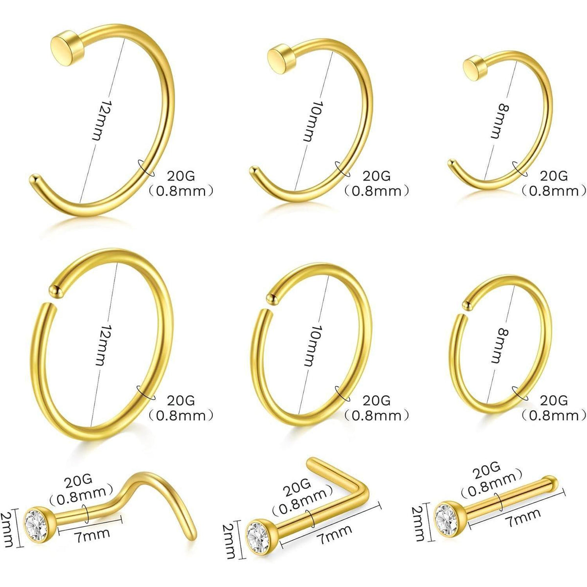 Piercing Set 99 Teile mit Nadeln & Schmuck, 14G-20G, Gold 8mm