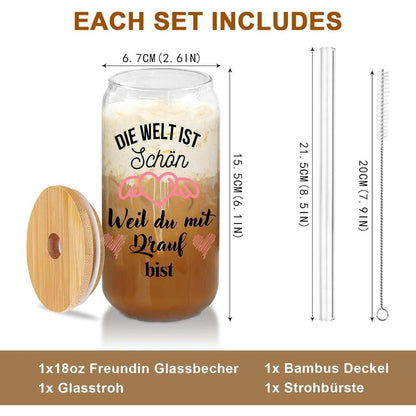 500ml Glas Trinkbecher mit Deckel und Strohhalm für