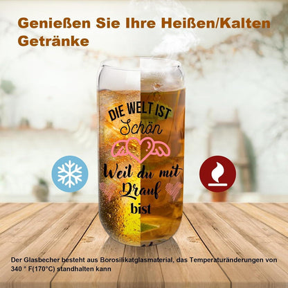 500ml Glas Trinkbecher mit Deckel und Strohhalm für