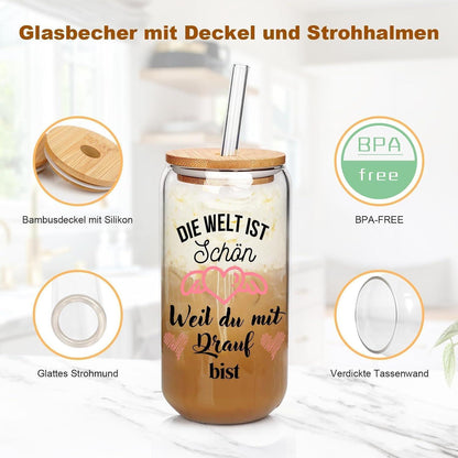 500ml Glas Trinkbecher mit Deckel und Strohhalm für