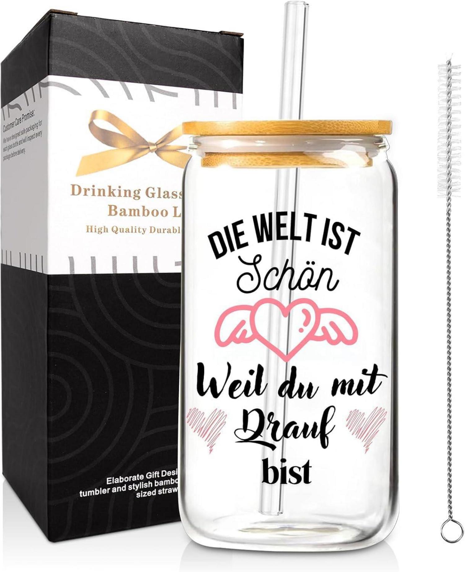 Glas Trinkbecher mit Deckel und Strohhalm 500ml Borosilikatglas