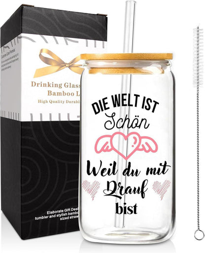 Glas Trinkbecher mit Deckel und Strohhalm 500ml Borosilikatglas