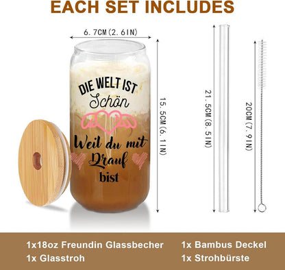 500ml Glas Trinkbecher mit Deckel und Strohhalm für