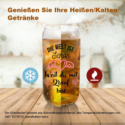 Glas Trinkbecher mit Deckel und Strohhalm 500ml Borosilikatglas