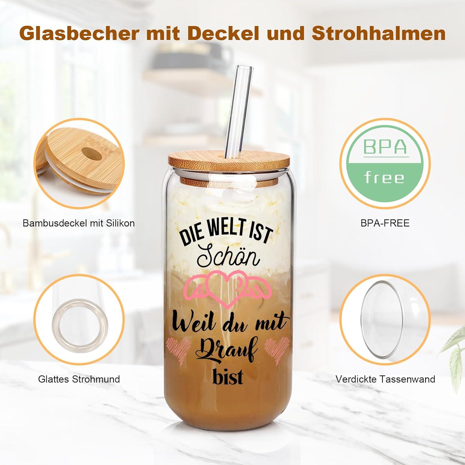500ml Borosilikatglas Trinkbecher mit Deckel und Strohhalm, Geschenk für Freundin