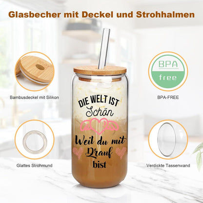 500ml Borosilikatglas Trinkbecher mit Deckel und Strohhalm, Geschenk für Freundin