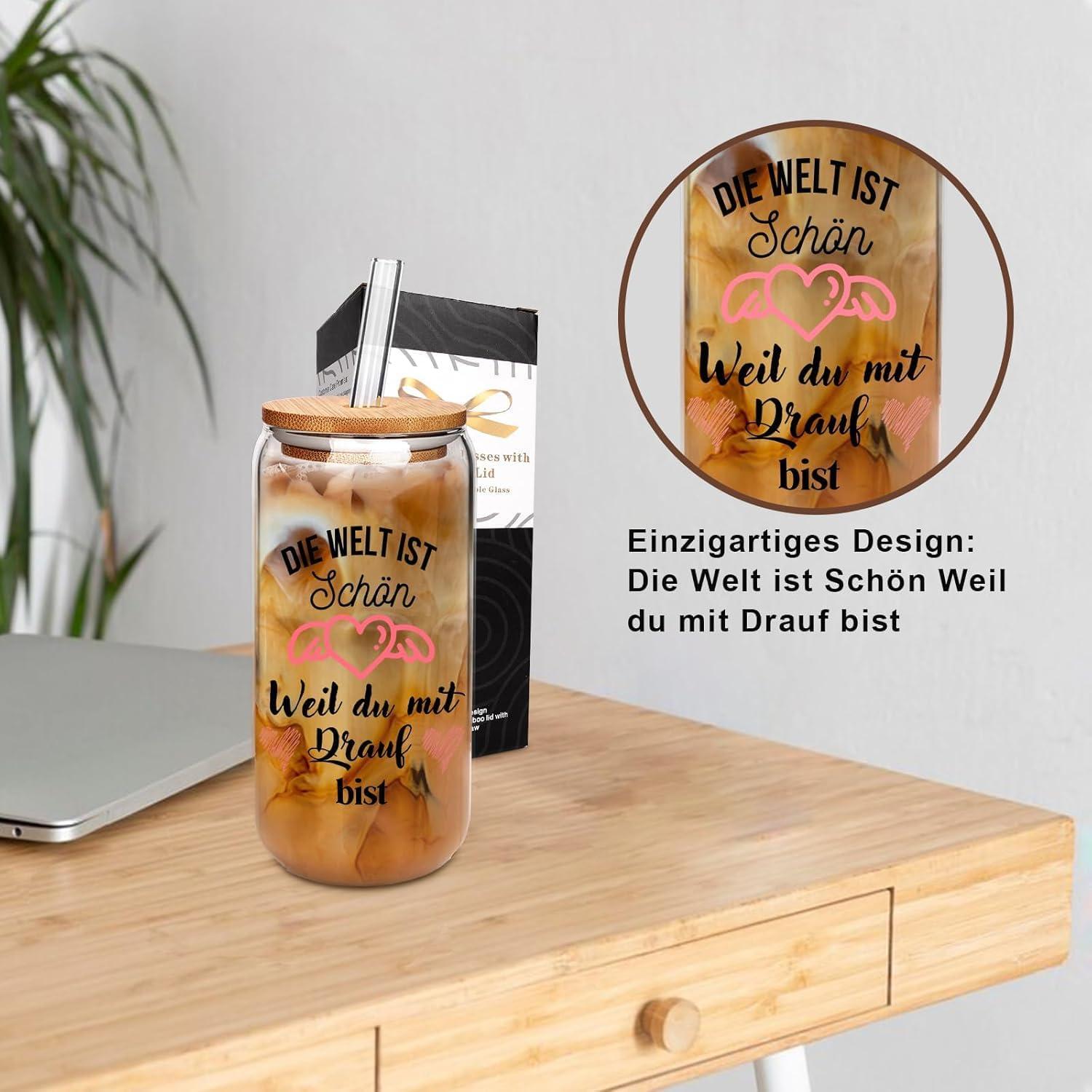 Mason Life 500ml Glas Trinkbecher mit Bambusdeckel und Strohhalm, Geschenk für