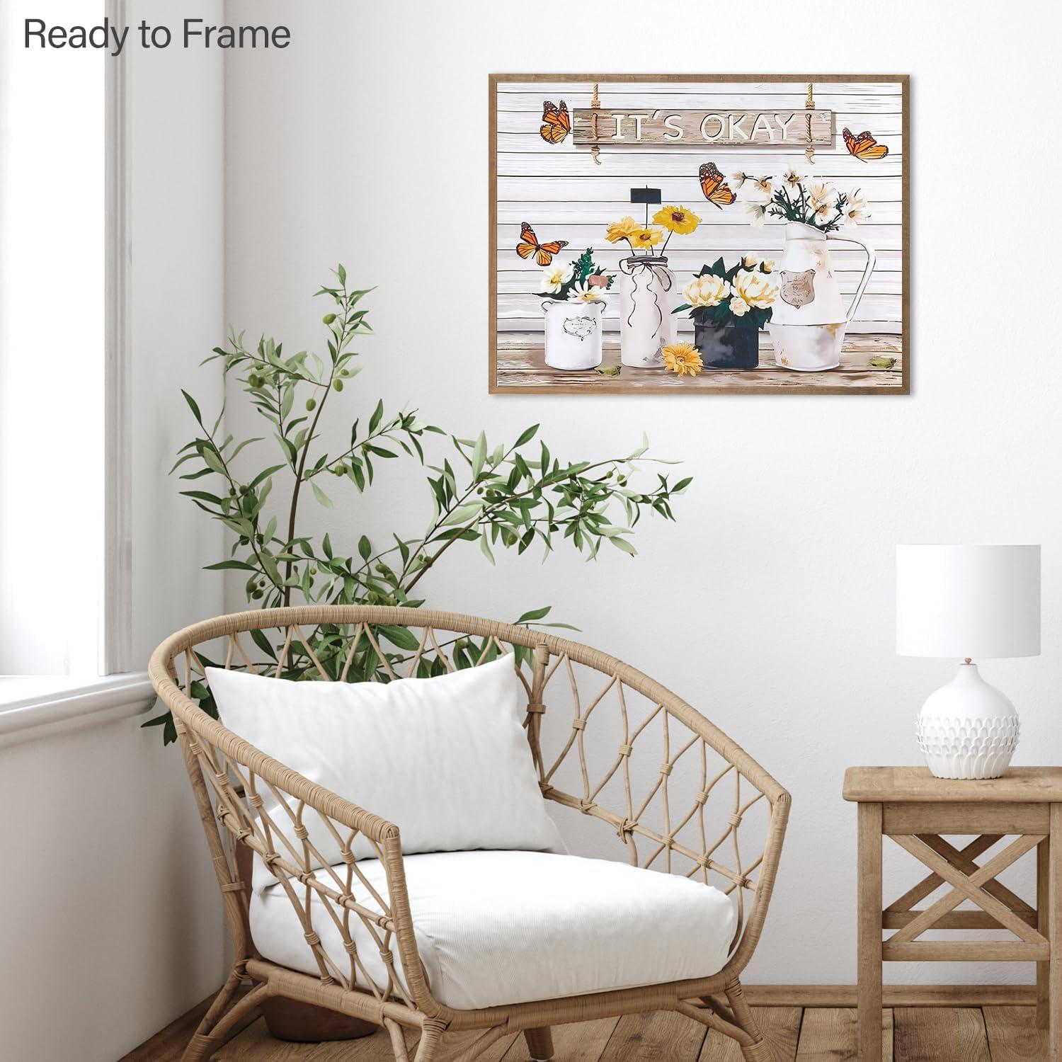 Rustikales Wandbild Schmetterling Gänseblümchen Blumen, 30x40 cm, Leinwandbild, Vintage-Stil