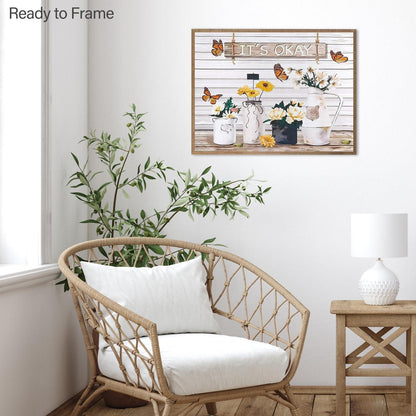 Rustikales Wandbild Schmetterling Gänseblümchen Blumen, 30x40 cm, Leinwandbild, Vintage-Stil