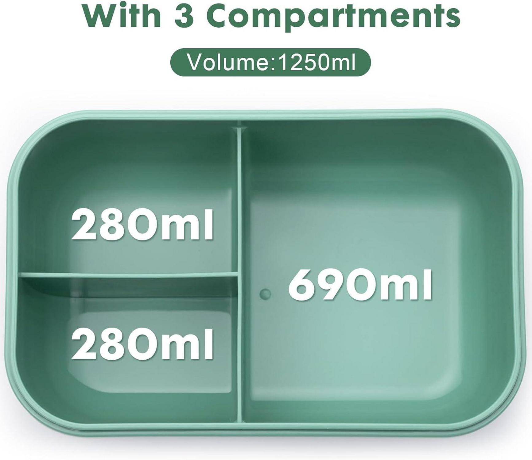 Brotdose Trennfächer 1250ml Lunchbox Kinder Erwachsene Besteck Grün