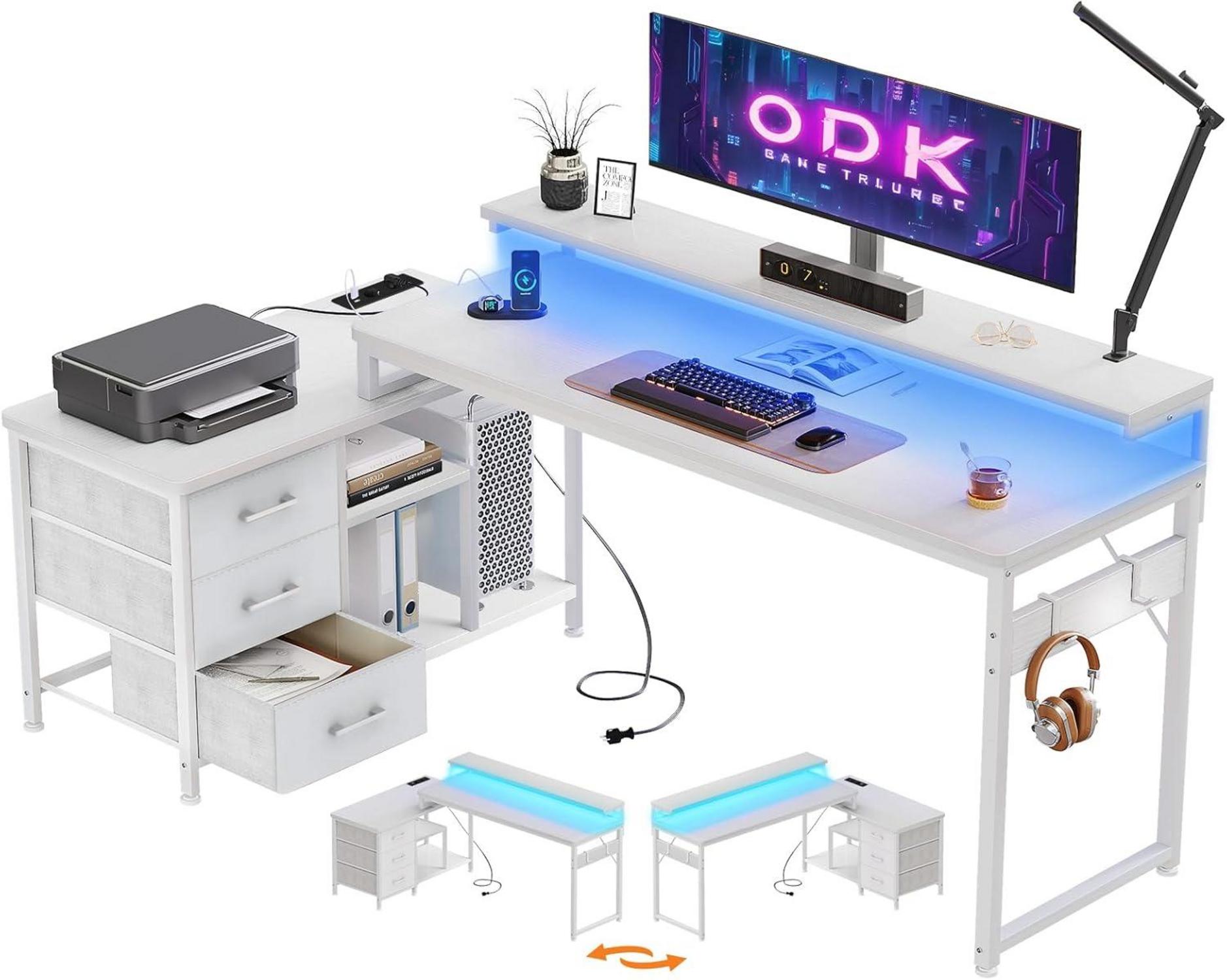 L-förmiger Schreibtisch mit Schubladen, LED, USB-Ladeanschluss