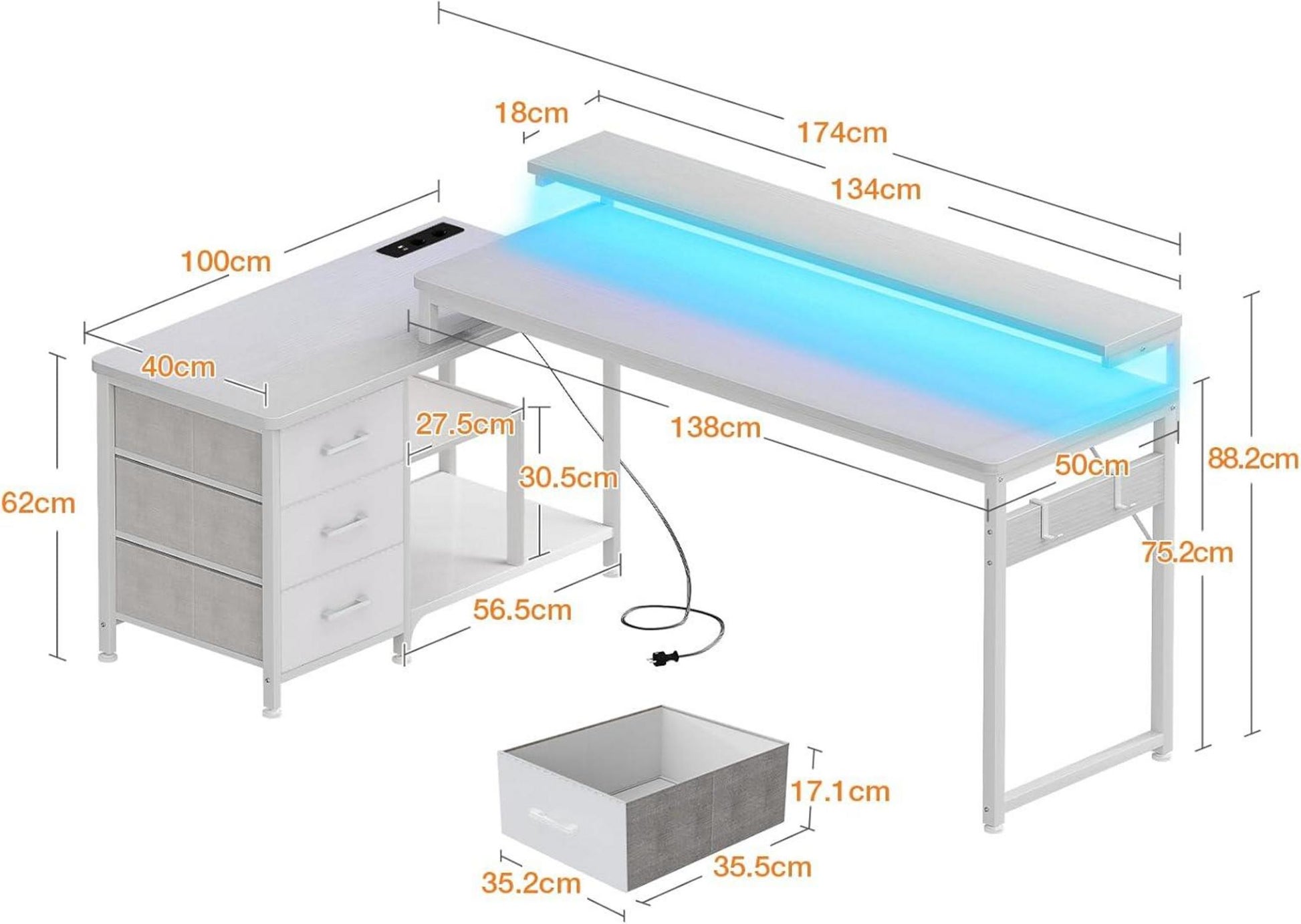 L-förmiger Schreibtisch mit Schubladen, LED, USB-Ladeanschluss