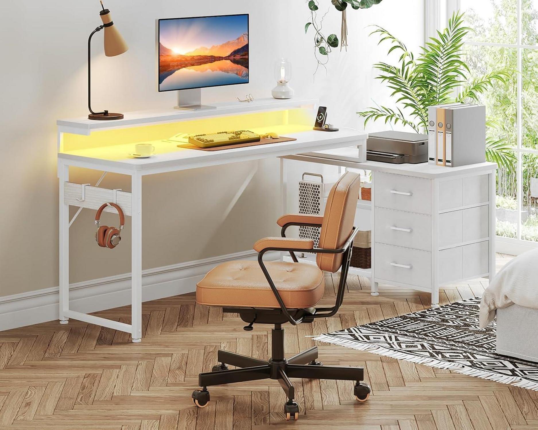 Schreibtisch L Form mit Schubladen und LED, Gaming Tisch