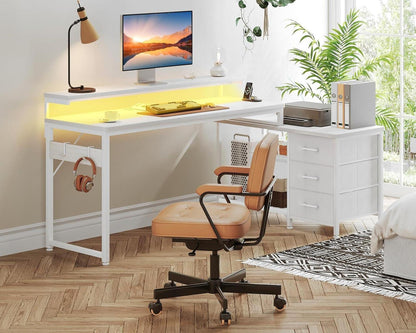 Schreibtisch L Form mit Schubladen und LED, Gaming Tisch