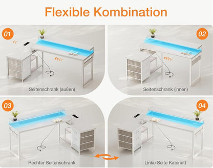 L-förmiger Schreibtisch mit LED, Monitorständer, USB-Ladeanschluss