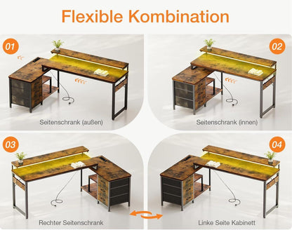 Schreibtisch L Form mit Schubladen Umkehrbar Gaming LED Braun