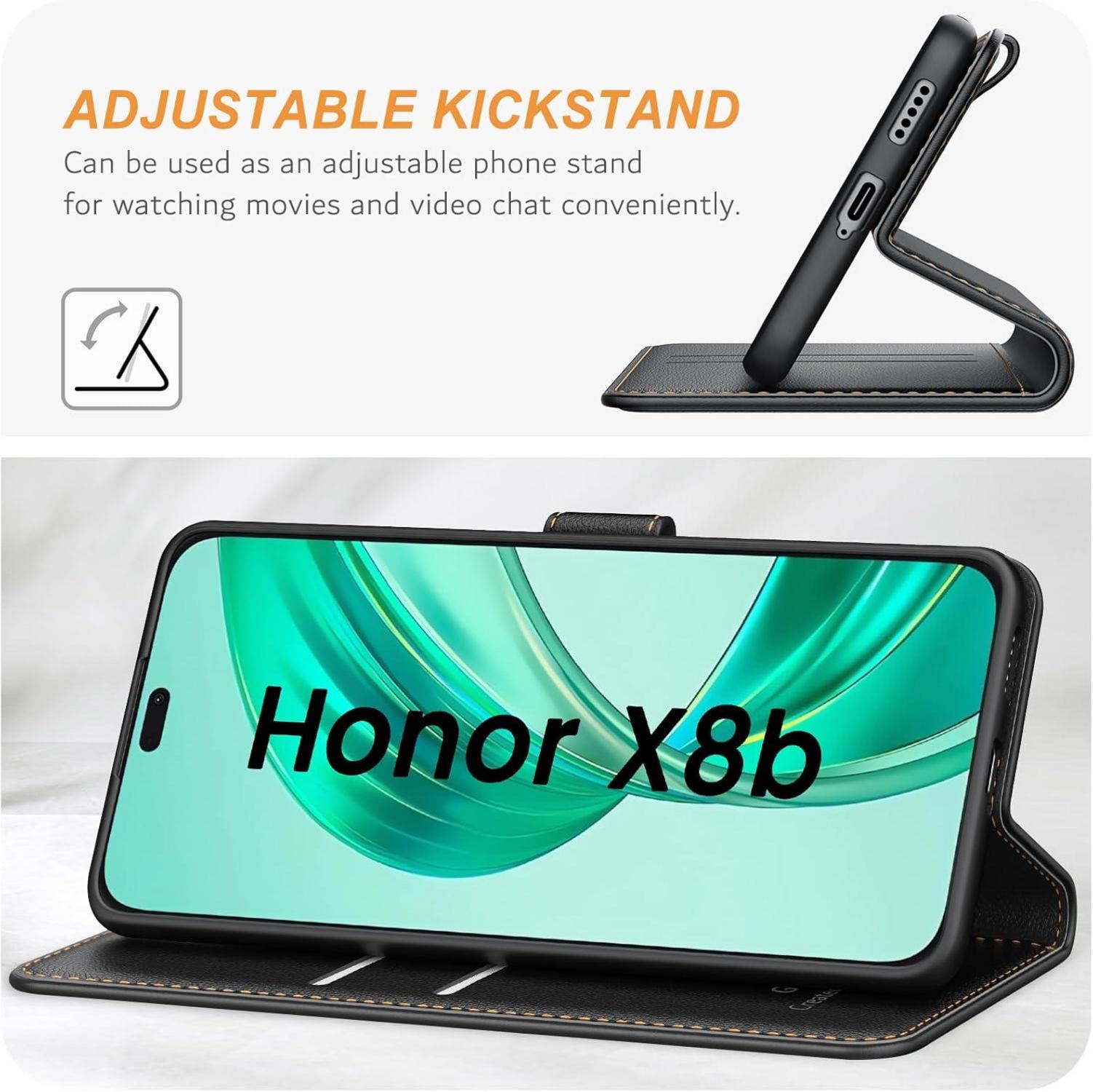 Honor X8b Handyhülle Leder Schwarz mit Kartenschlitzen & Standfunktion