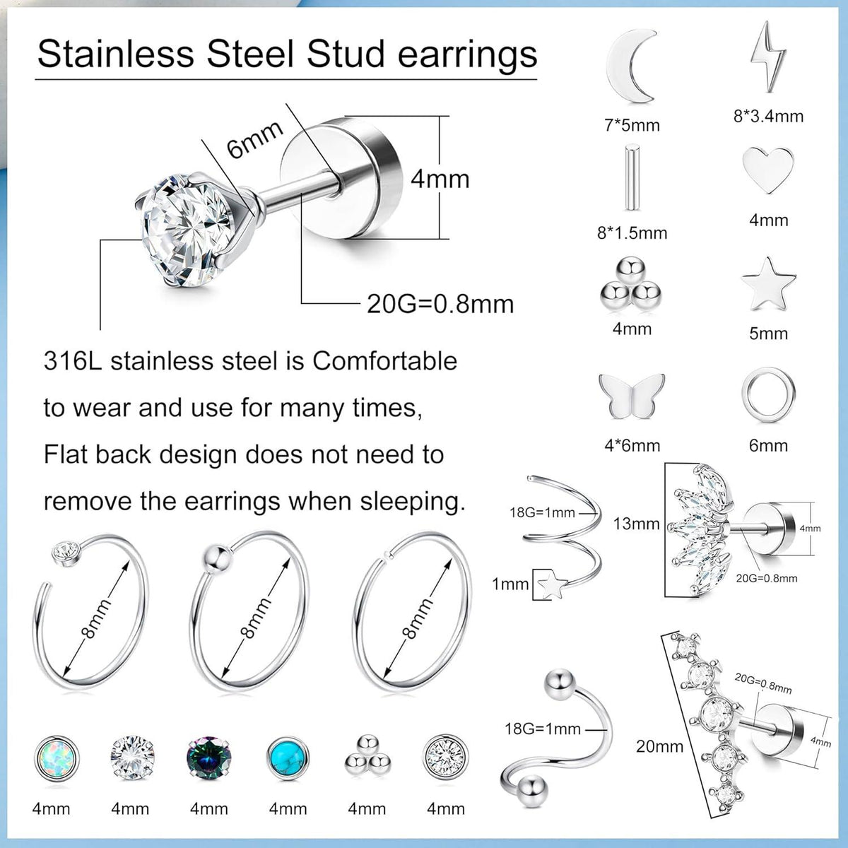 19Pairs Kleine Chirurgenstahl Ohrringe Set CZ Stern Mond